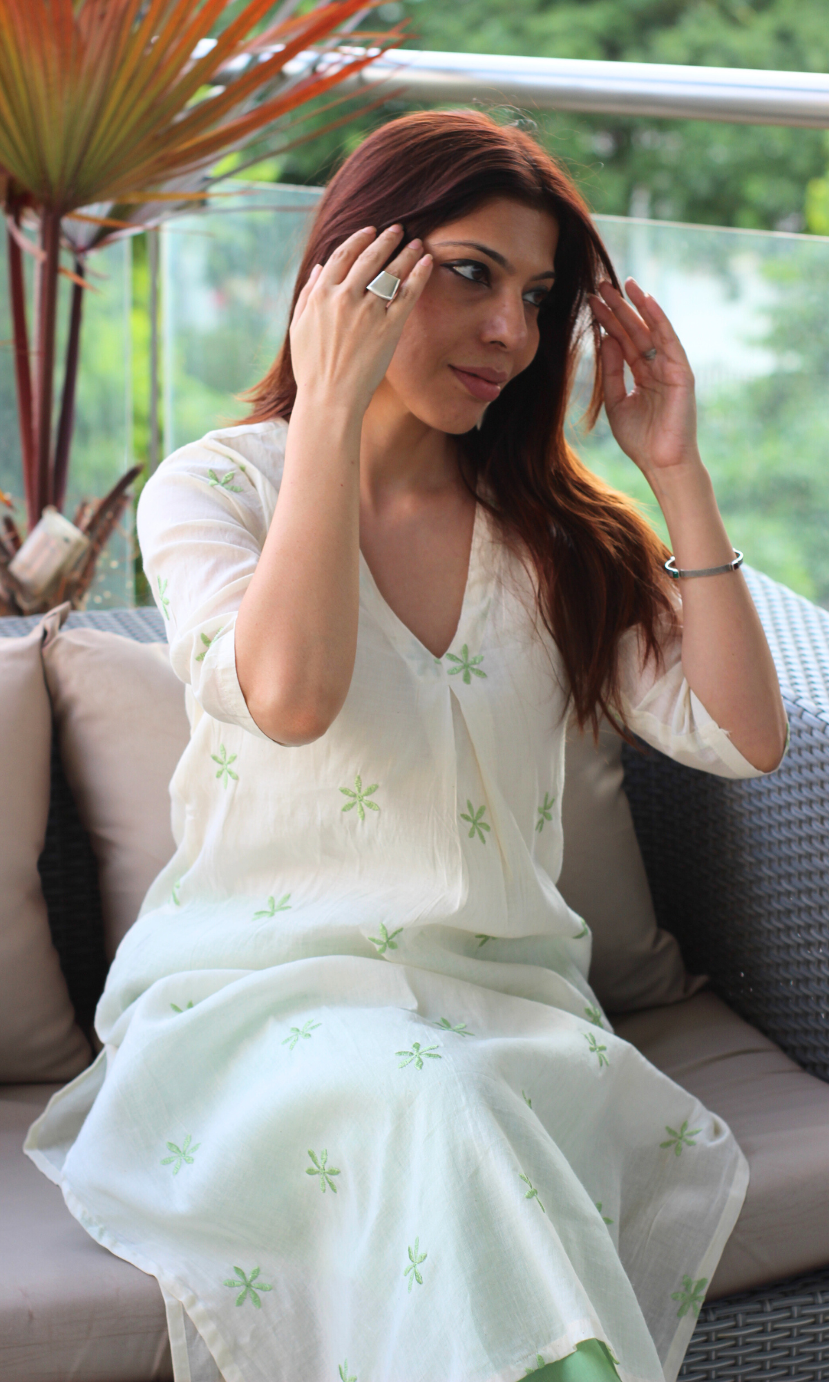 Kora Green Flowers Embroidered Pleated Kurta & Pants