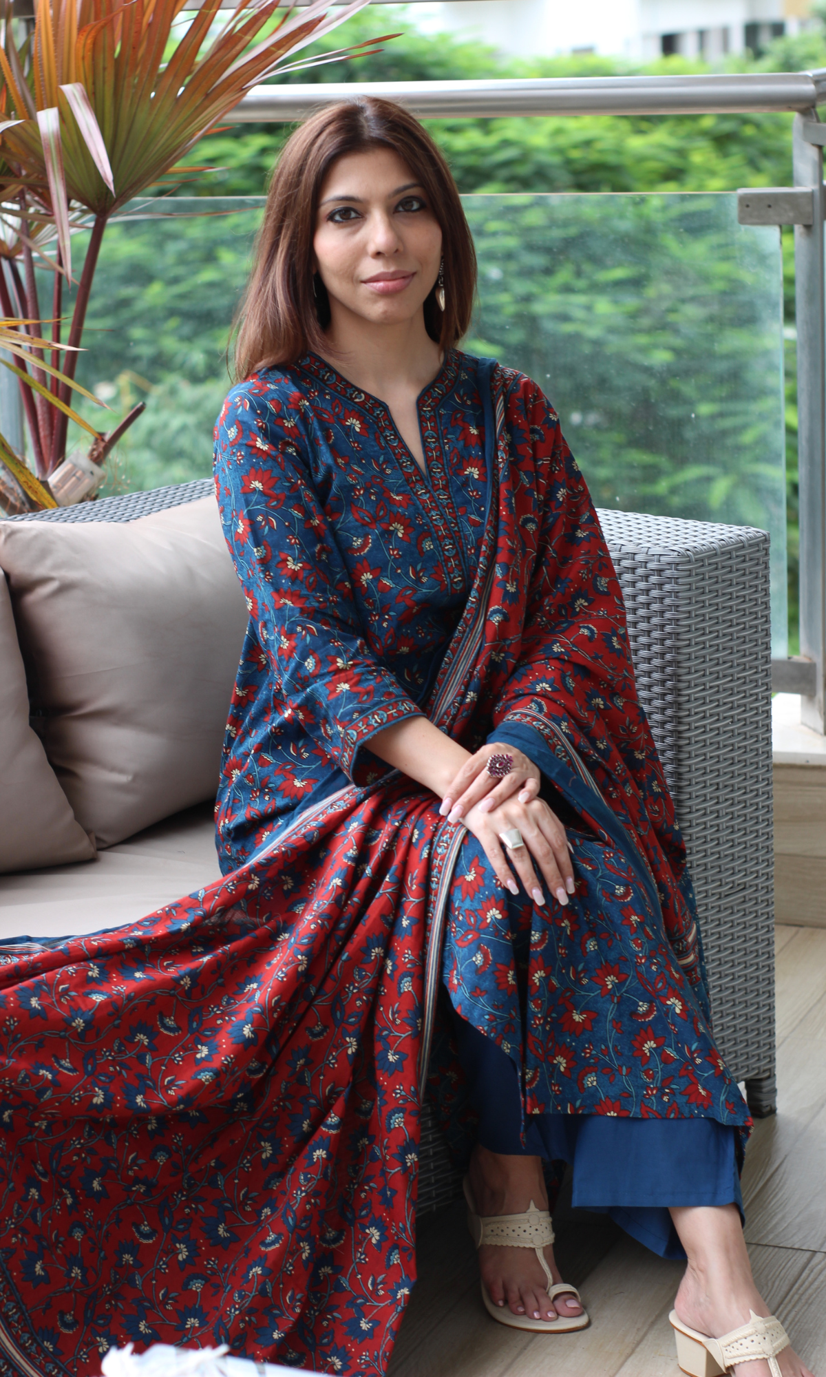 Neelam Blue & Red Block Printed Kurta , Dupatta & Cotton Pants