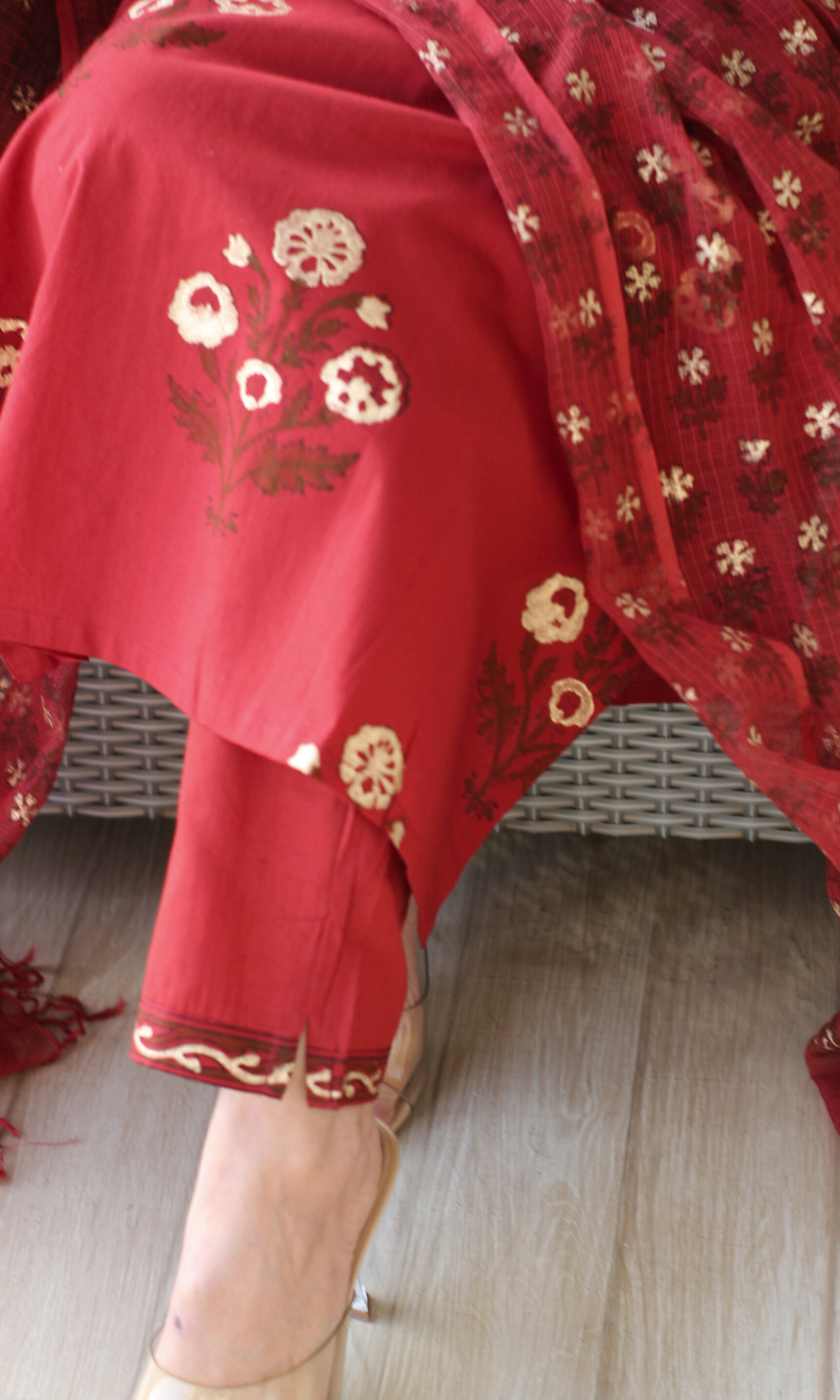 Red Rangreza Gold Handblock Mughal Print Kurta, Cotton Pants & Kota Doria Dupatta