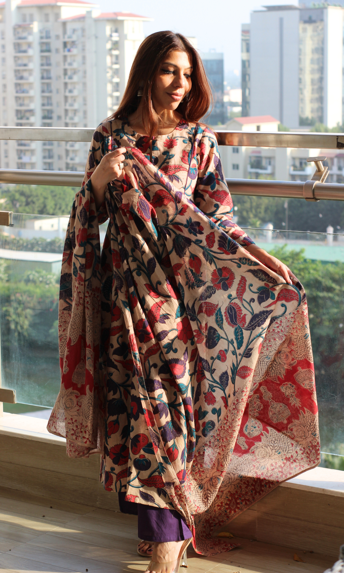 Earthy Purple Handblock Kalamkari Kurta, Dupatta & Cotton Pants