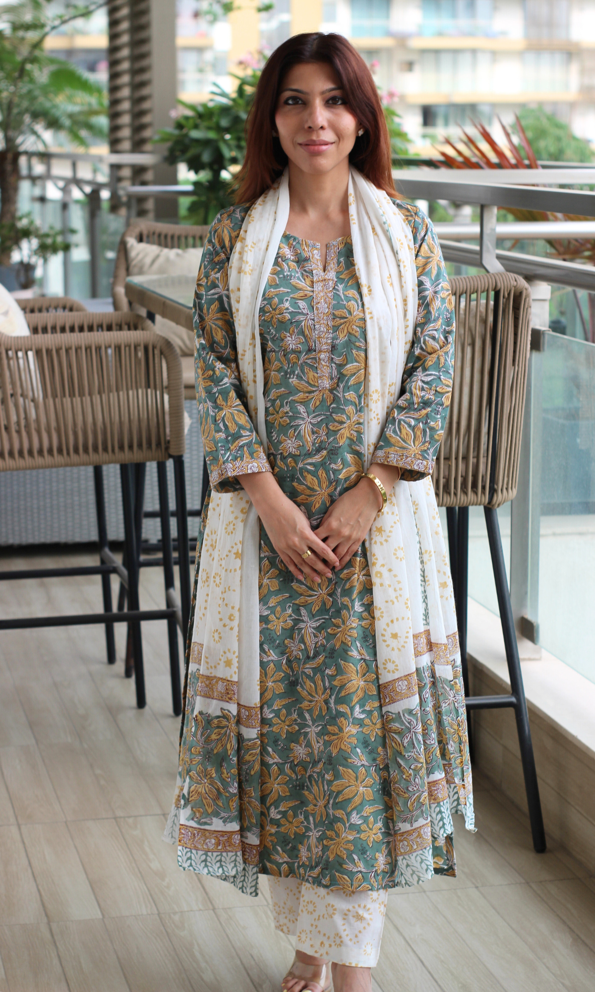 Cotton Bamboo Green Handblock Print Kurta, Pant and Mul Dupatta