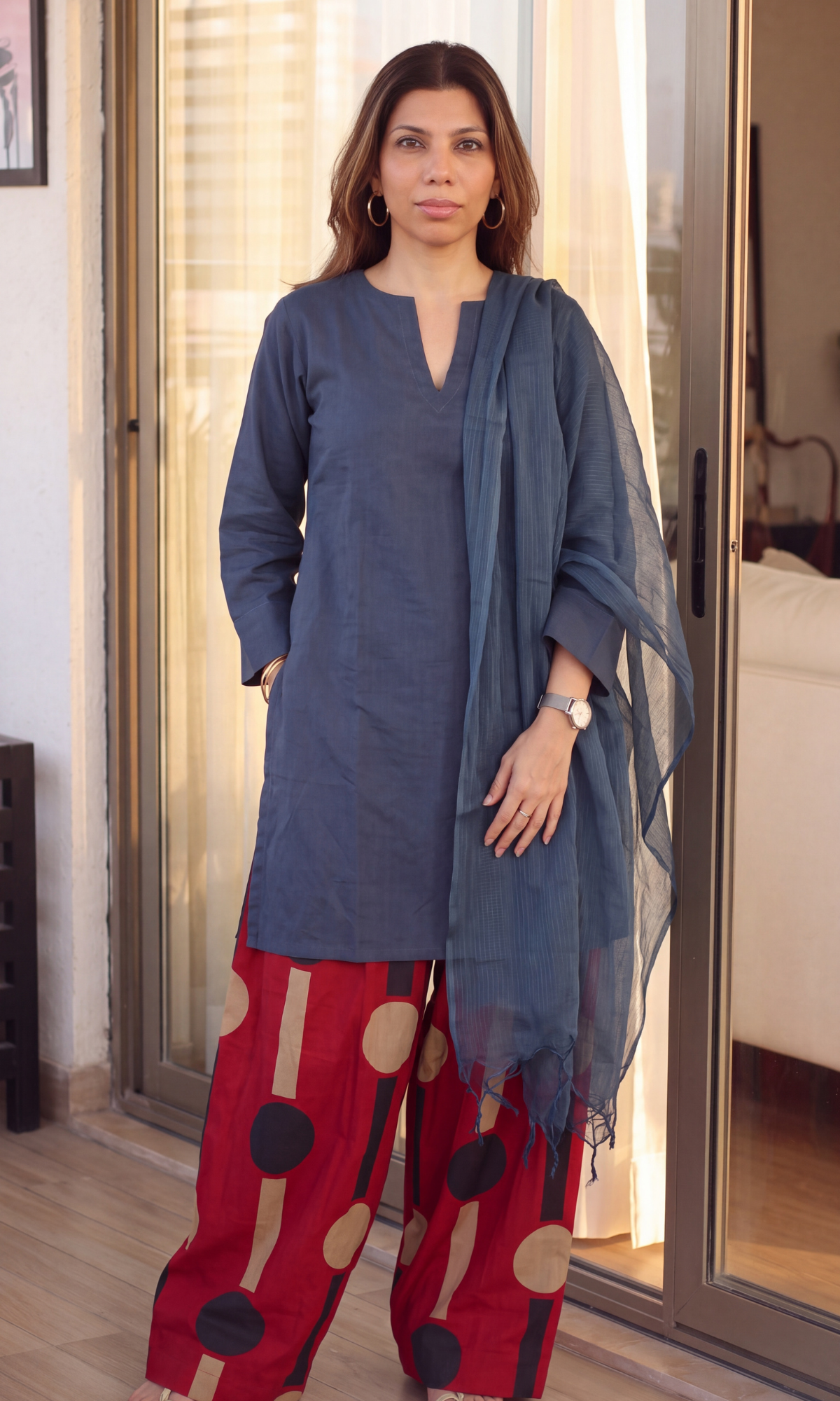 Navy Kurta with Contrast Farshi & Kota Doria Dupatta