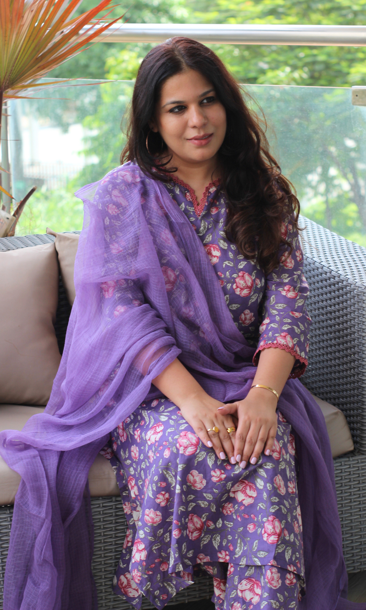 Purple Printed Laced Kurta, Pant with Kota Doria Dupatta