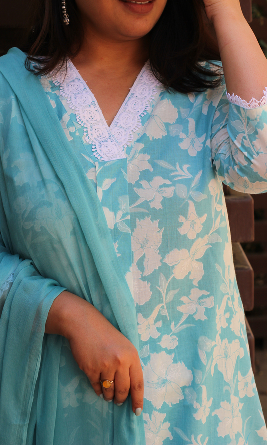 Cotton Blue Botanika Printed Suit with Chiffon Dupatta