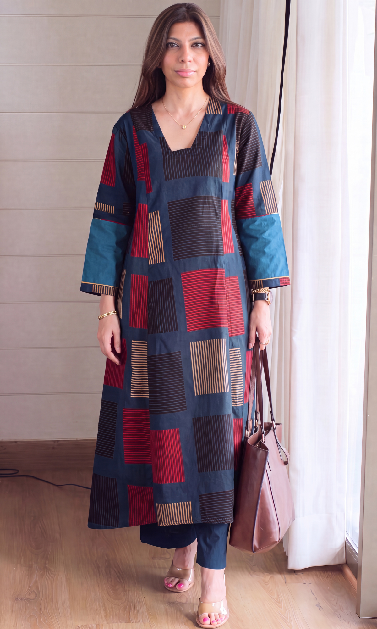 Teal Blue Box Print Kali Style High Low Kurta with Cotton Pants