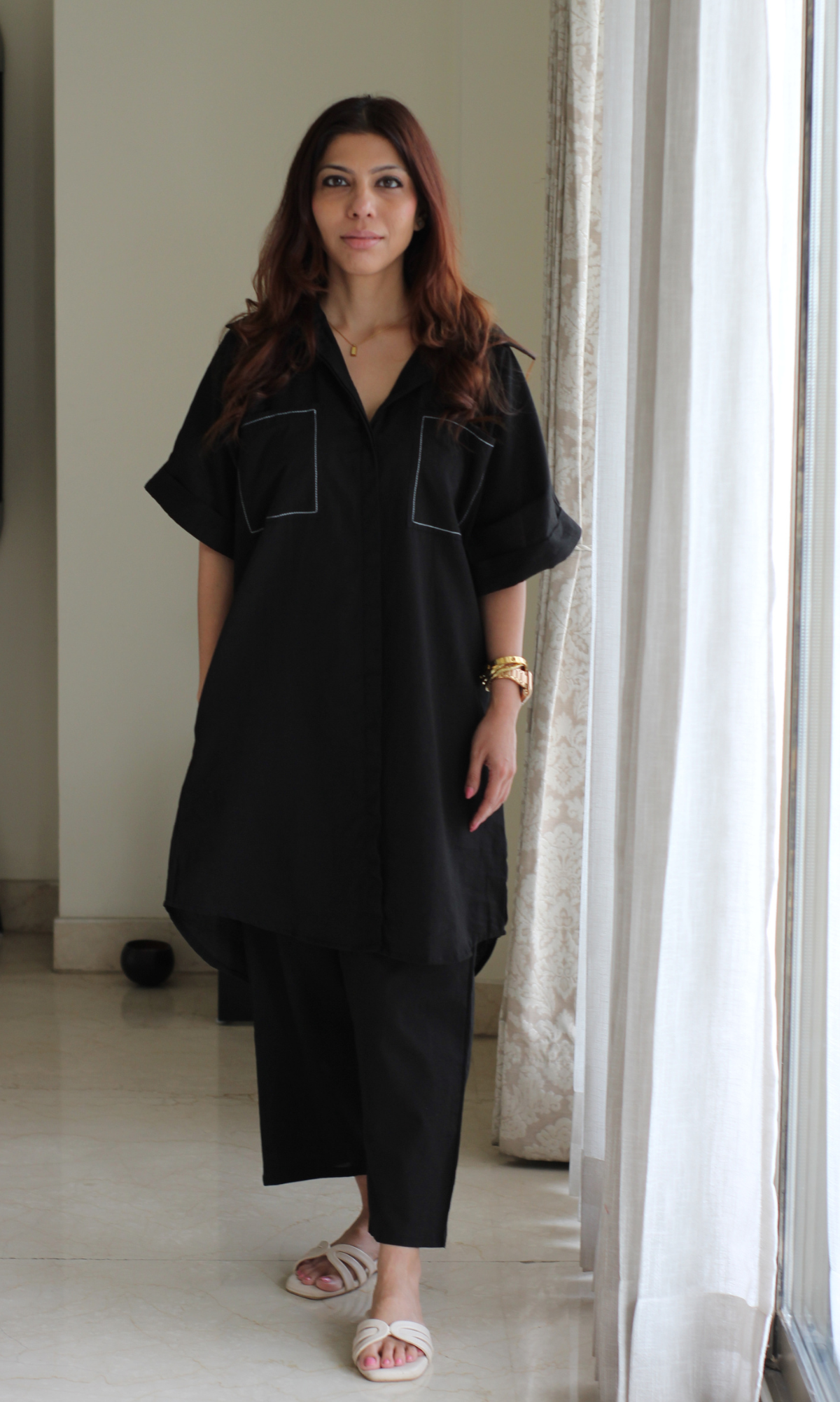 Black Contrast Thread Shirt Style Cotton Flex Co-ord