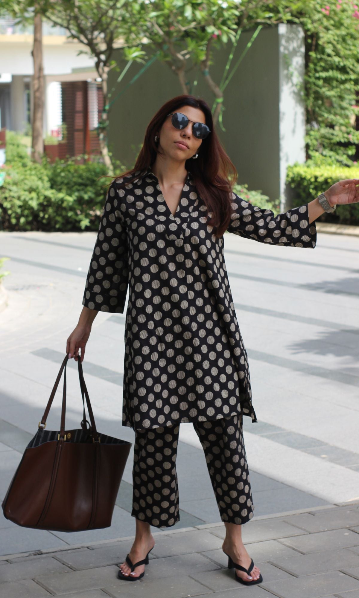 Cotton Moon Dot Black Collared Neck Co-ord