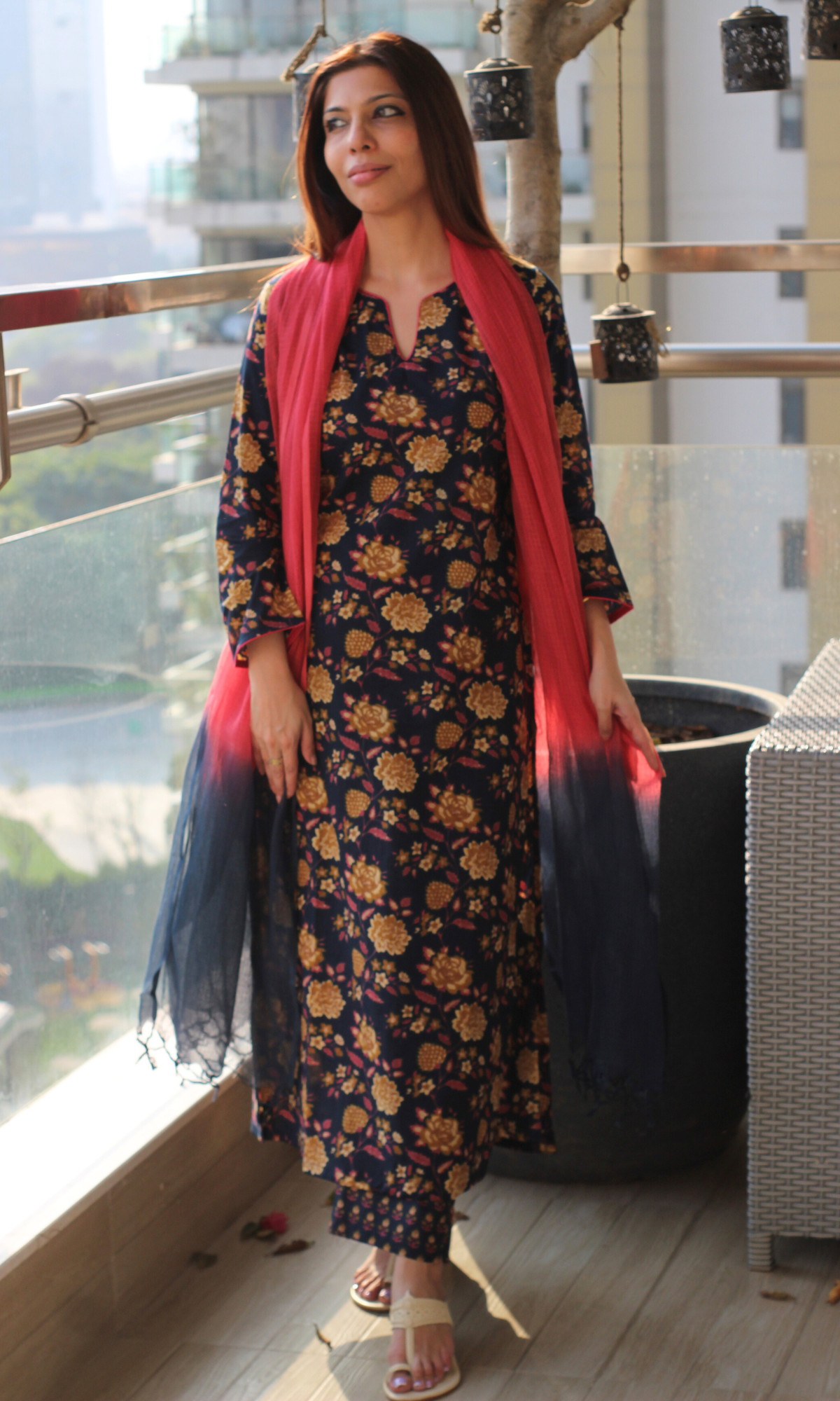 Mehfil Midnight & Pink Block Printed Cotton Kurta, Pant & Ombré Kota Doria Dupatta