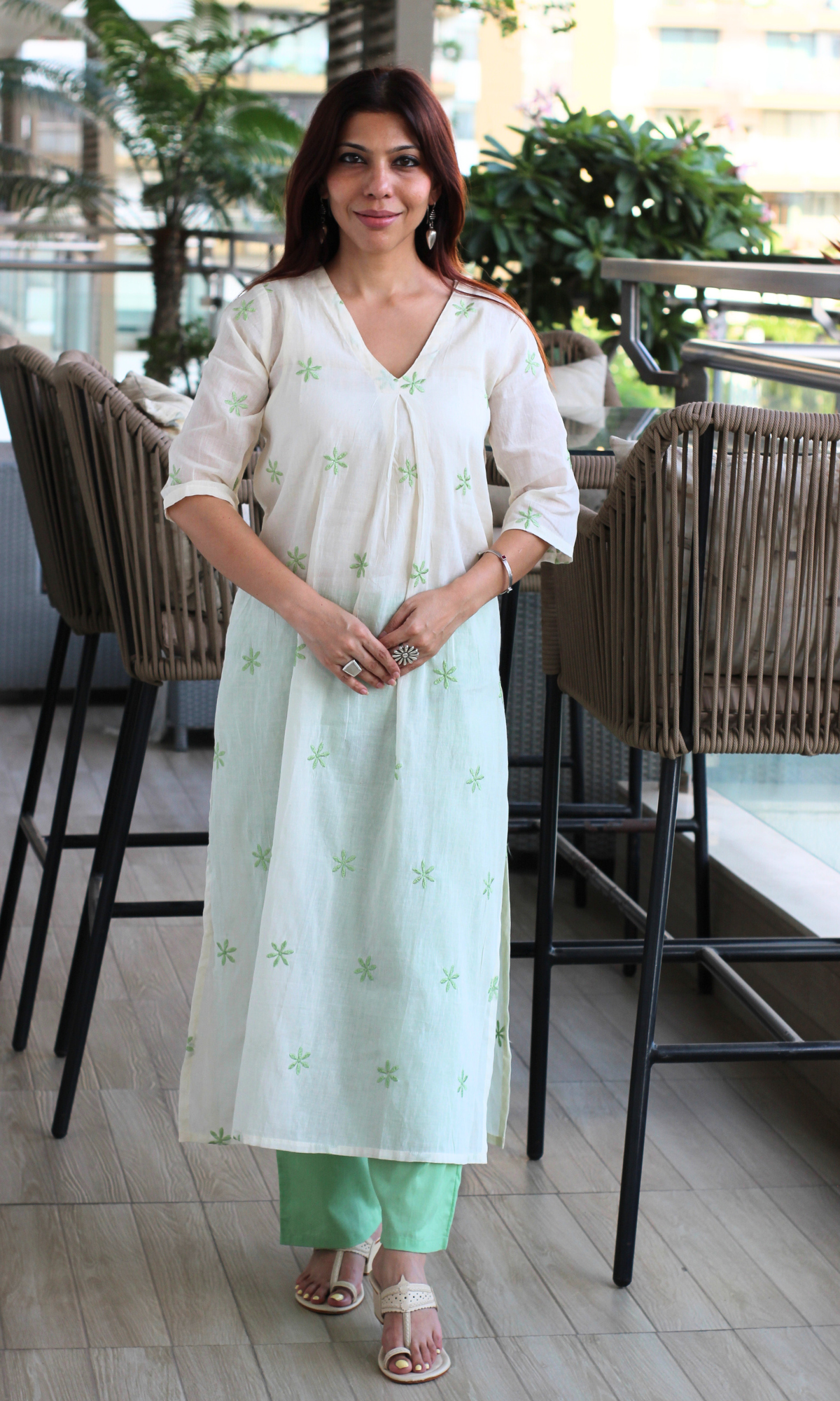 Kora Green Flowers Embroidered Pleated Kurta & Pants