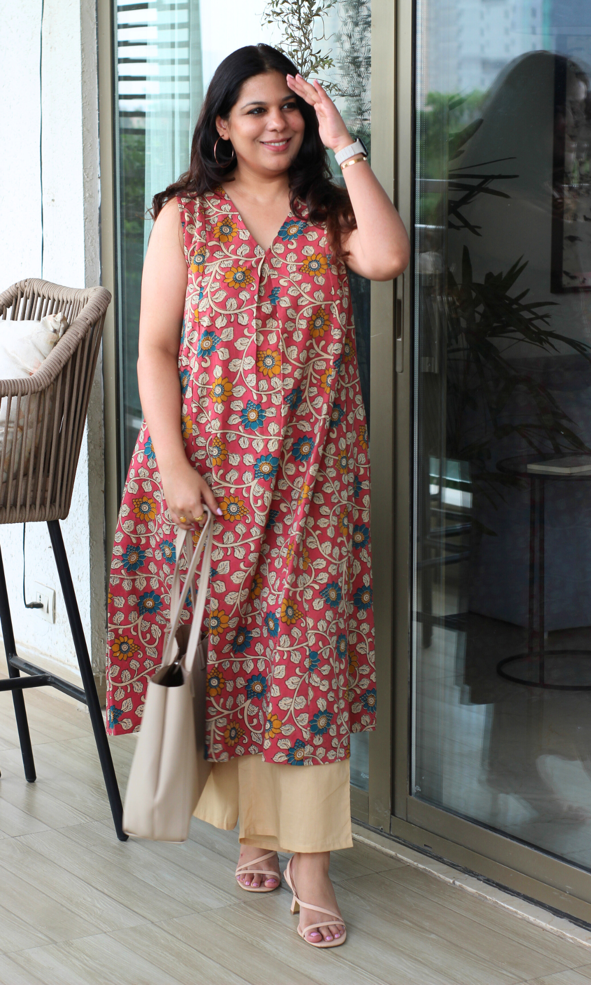 Earthy Red Handblock Kalamkari Pleated Kurta & Cotton Pants