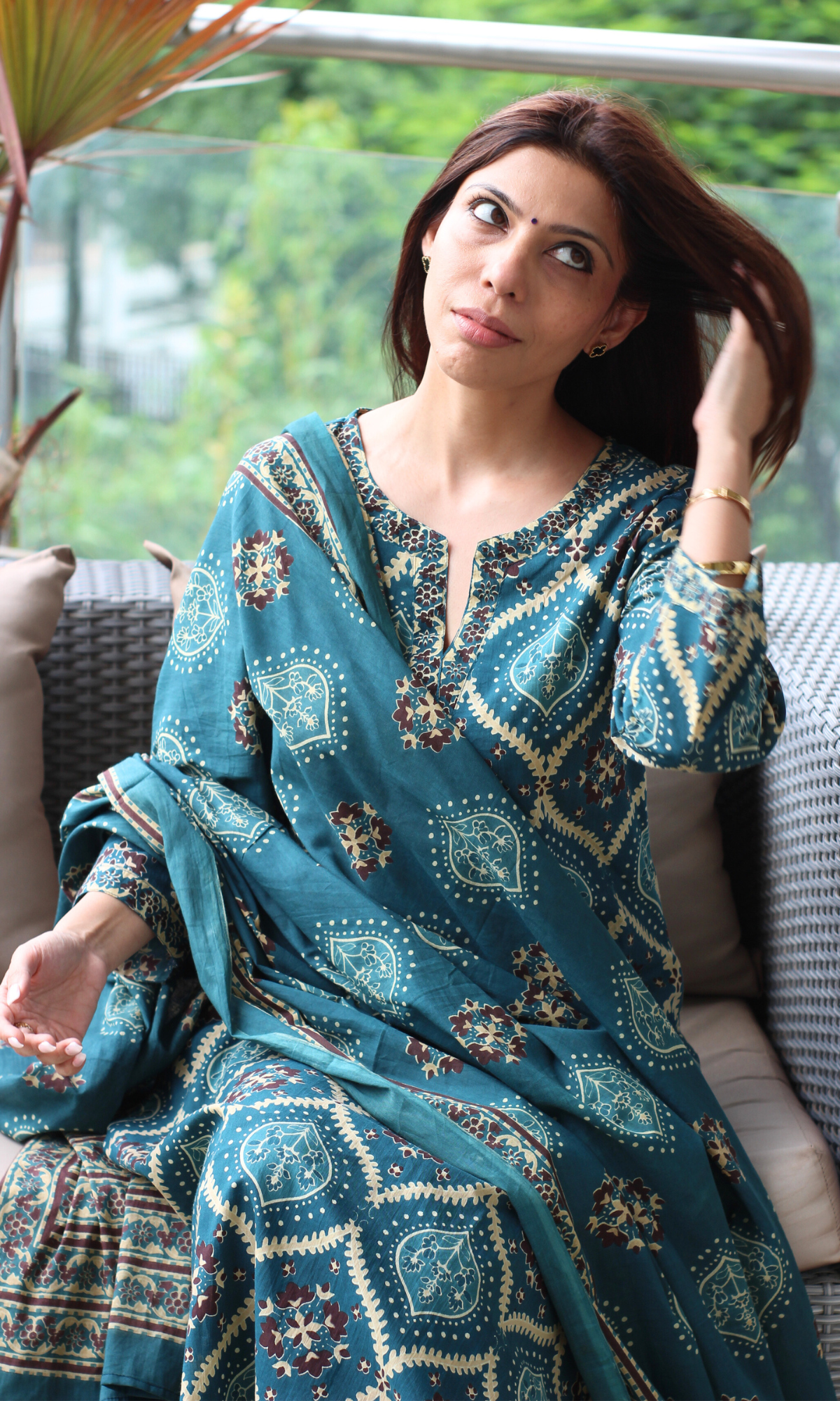 Teal Royale Ajrakh Print Cotton Kurta, Dupatta & Plain Pants