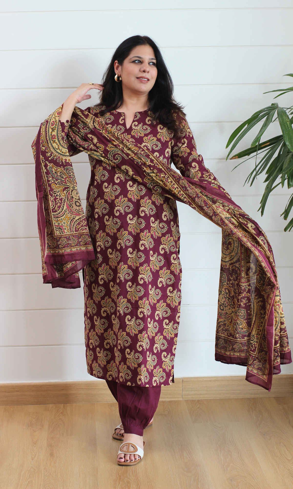 Burgundy Kashni Gul Printed Cotton Kurta, Dupatta & Afghani Style Pant