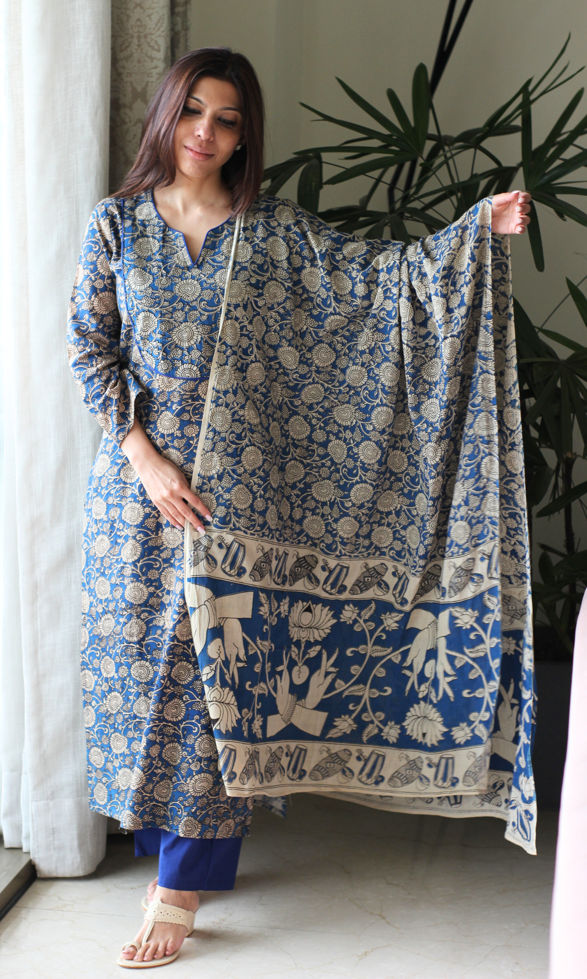 Cotton Neel Handblock Kalamkari Print Kurta, Dupatta & Cotton Pants