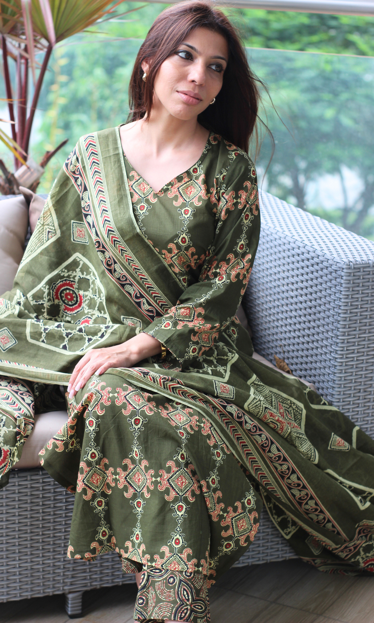 Rustic Olive Cotton Block Printed Kurta, Pant & Dupatta