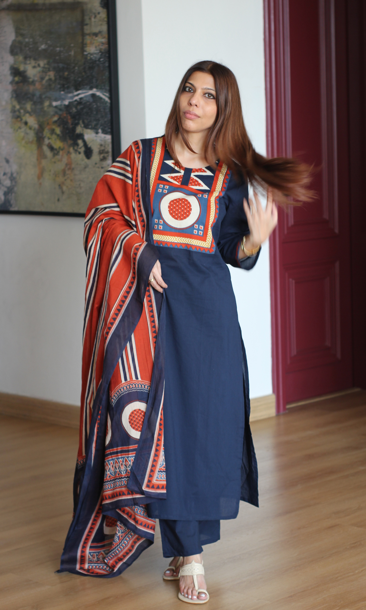 Cotton Navy Blue Motif Neck Kurta, Pant & Printed Dupatta