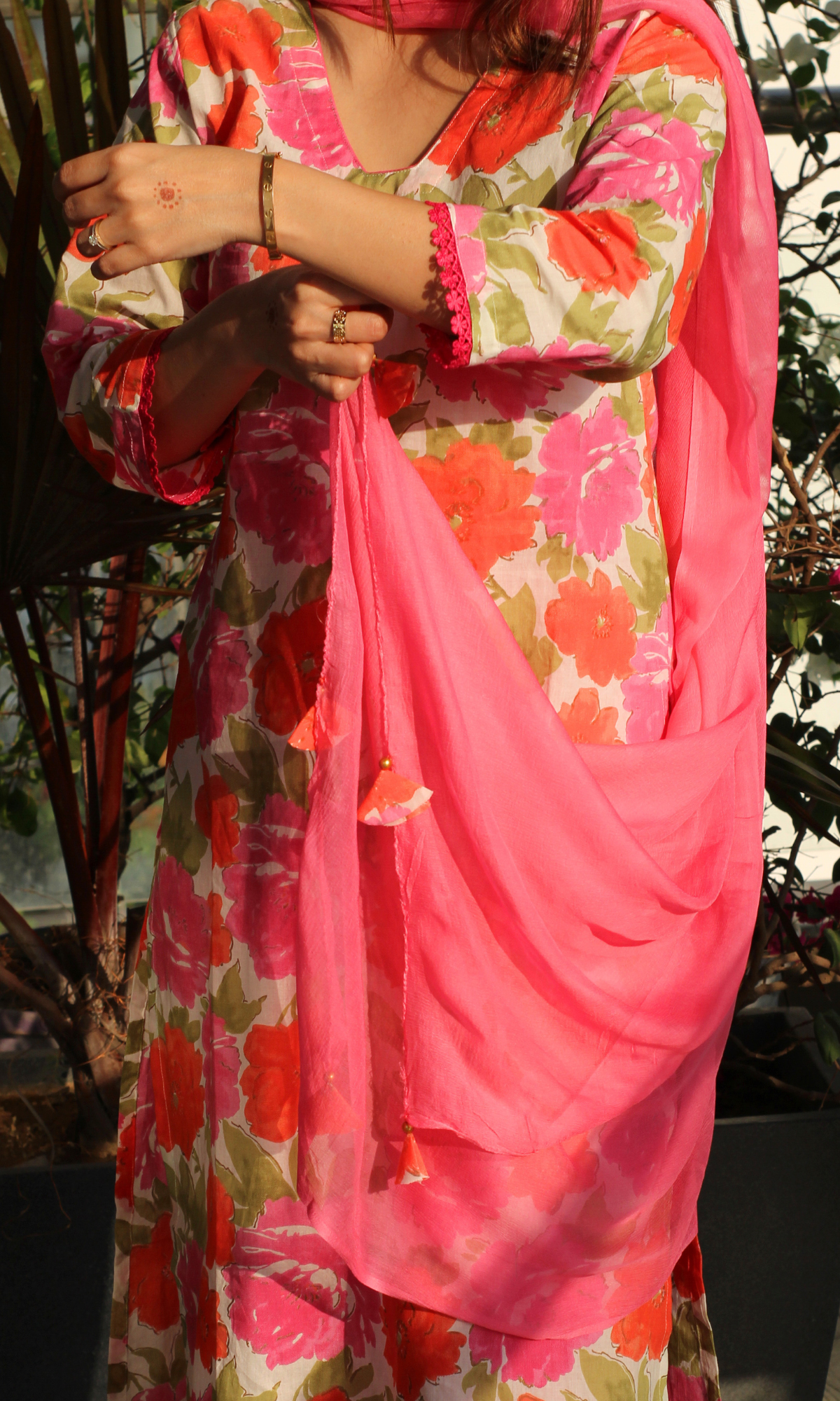 Pink Orchard Printed Kurta, Cotton Pants and Chiffon Dupatta with Tassels