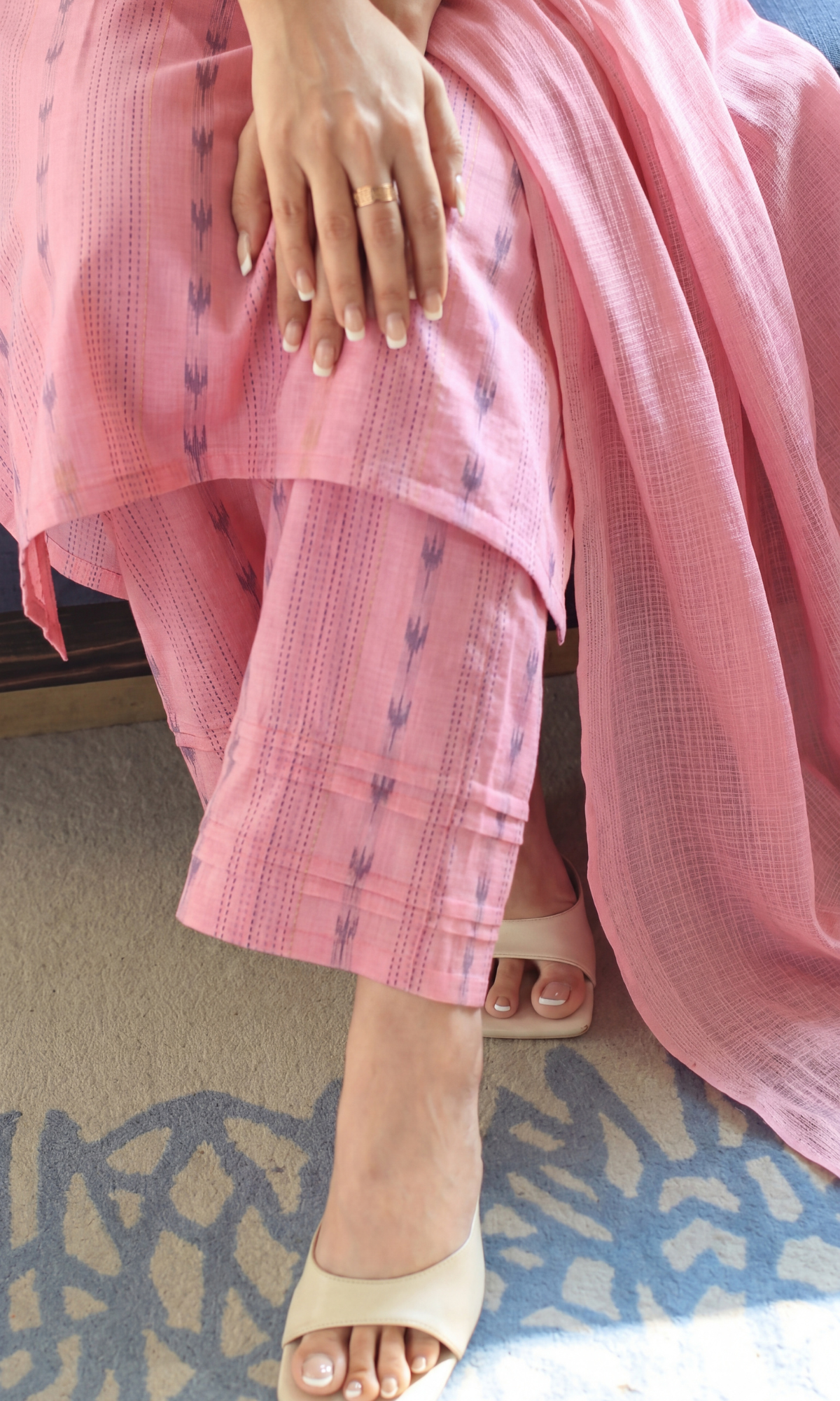 Pink Cotton Lurex Ikkat Print Suit Set with Kota Doria Dupatta