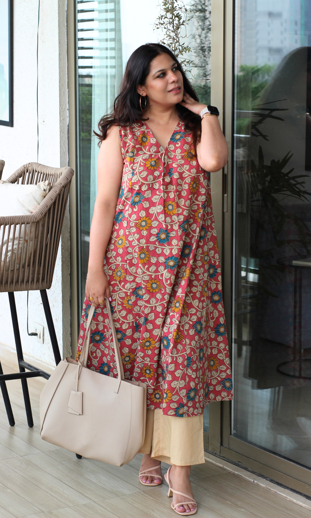 Earthy Red Handblock Kalamkari Pleated Kurta & Cotton Pants