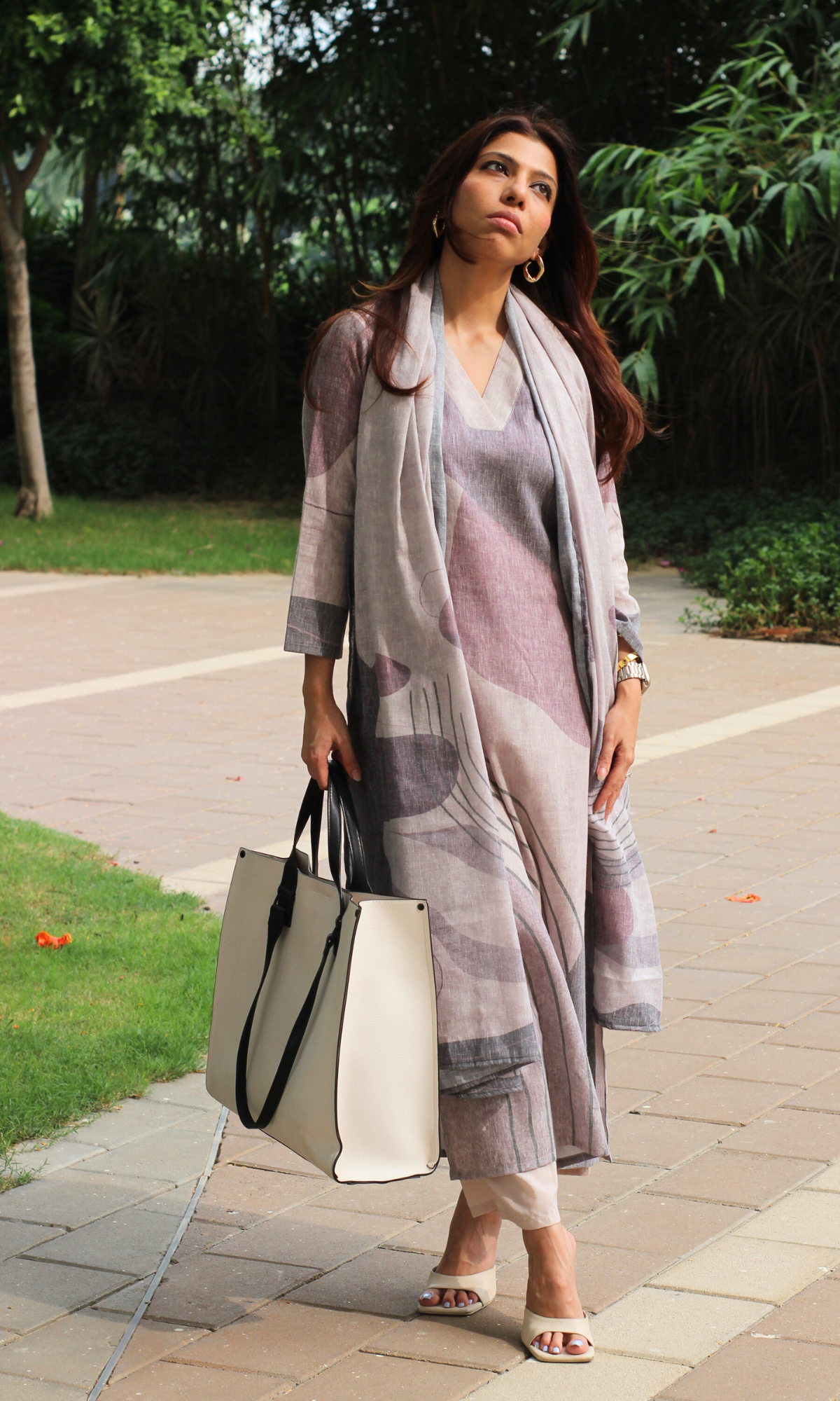 Linen Blend Purple Basil Abstract Print Kurta , Dupatta with Cotton Pants