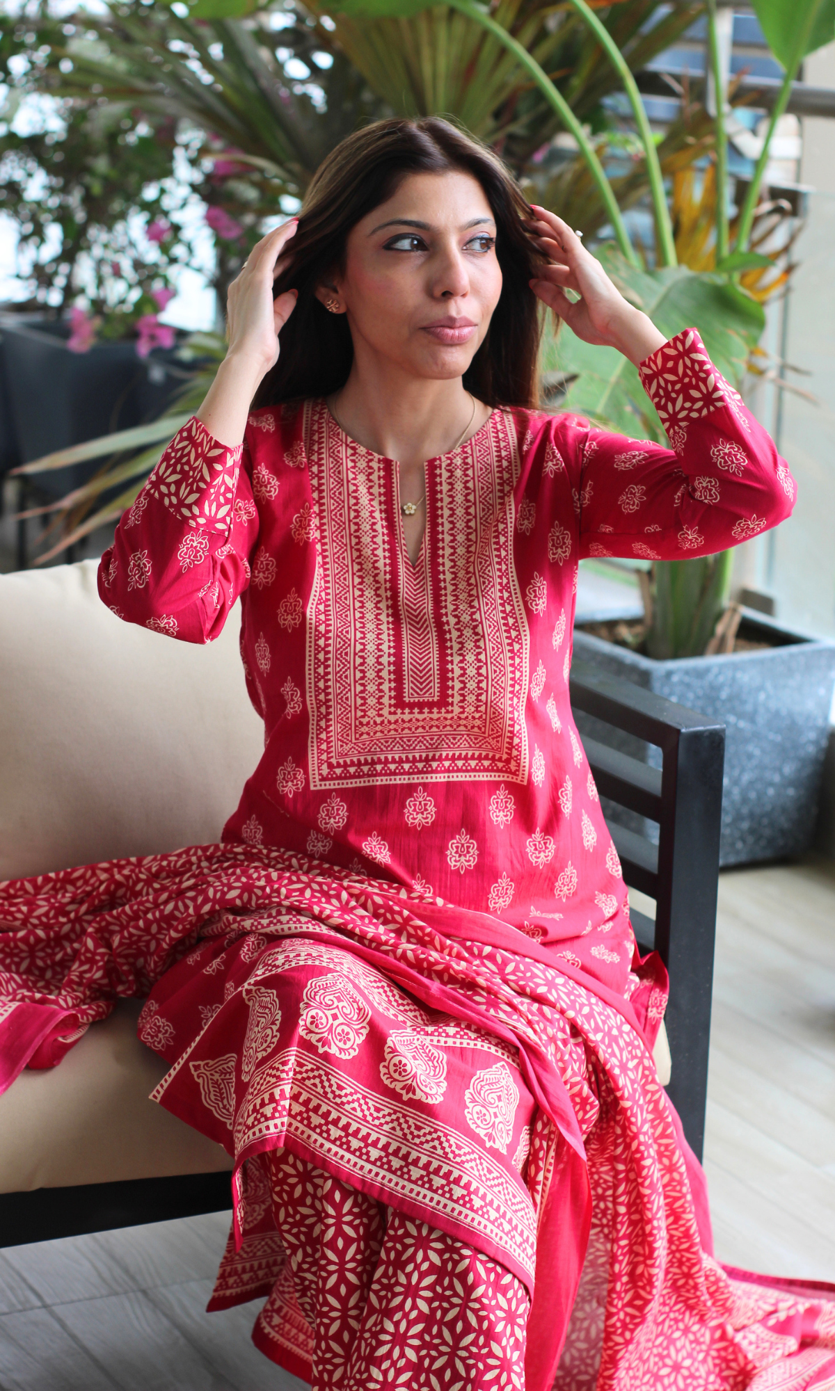 Red-Pink Motif Printed Cotton Kurta, Pant and Mul Printed Dupatta
