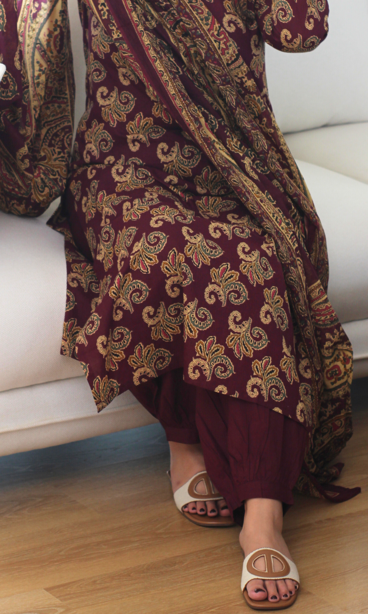Burgundy Kashni Gul Printed Cotton Kurta, Dupatta & Afghani Style Pant