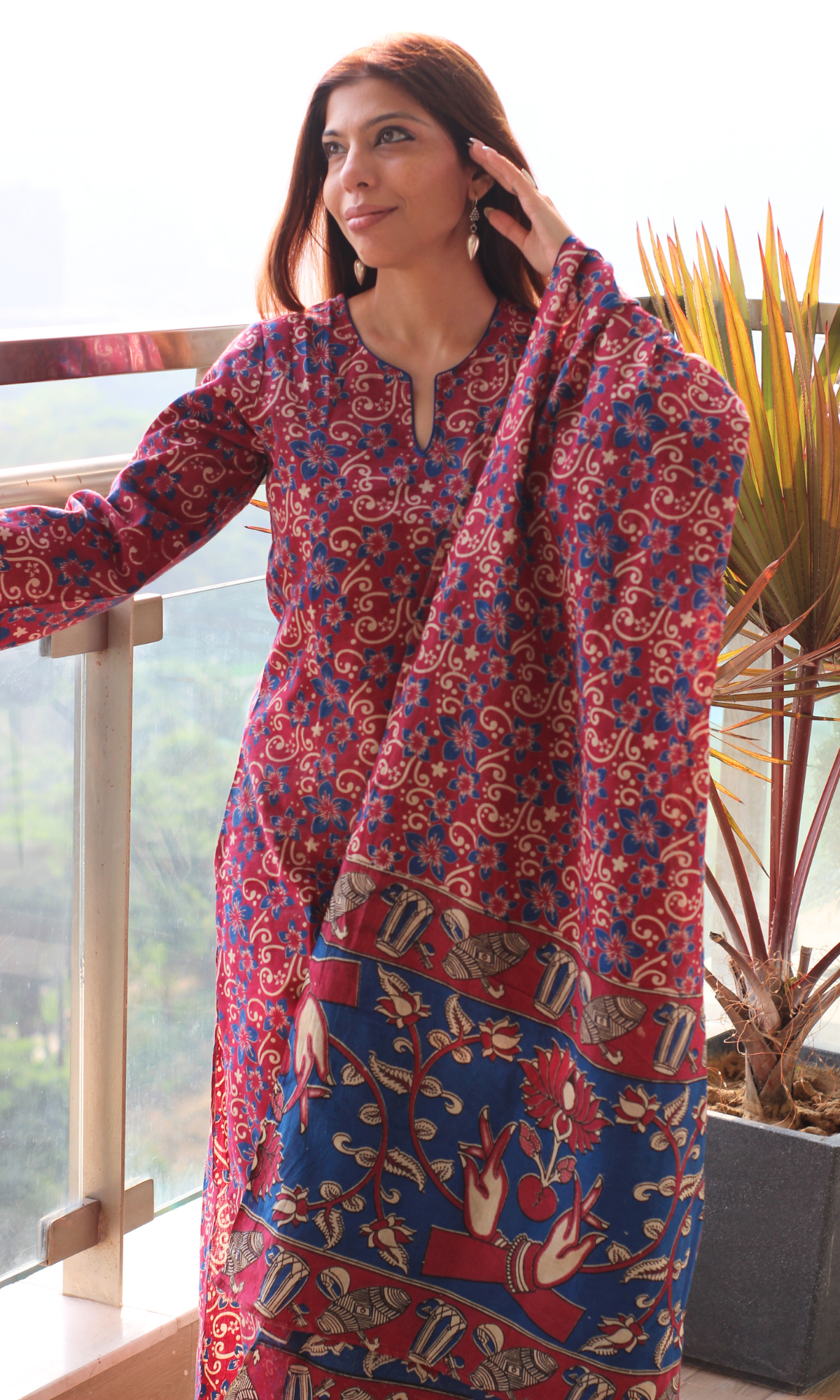Cotton Samira Pink Handblock Kalamkari Kurta & Dupatta
