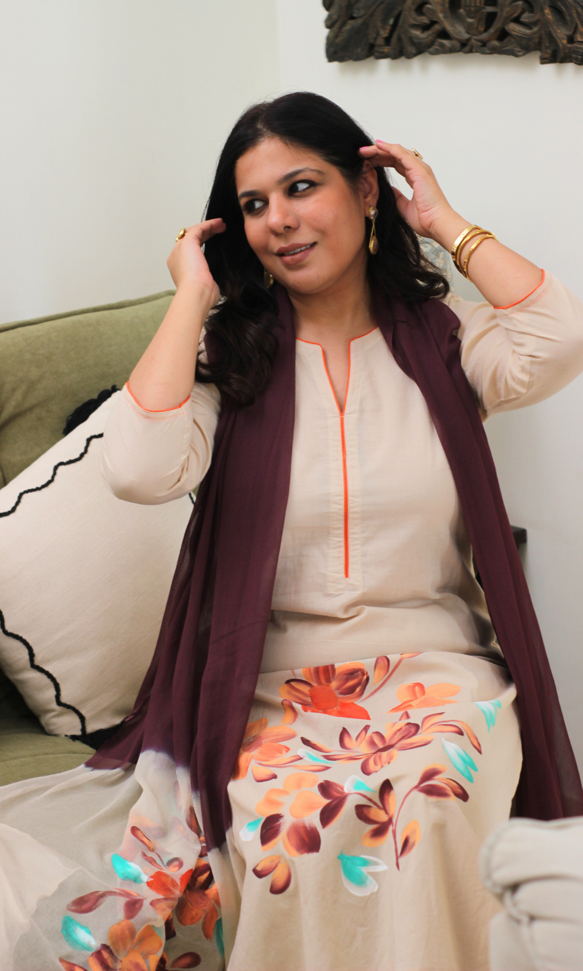 Beige & Wine Symphony Handbrush Painted Kurta, Cotton Pants & Chiffon Ombre Handpainted Dupatta