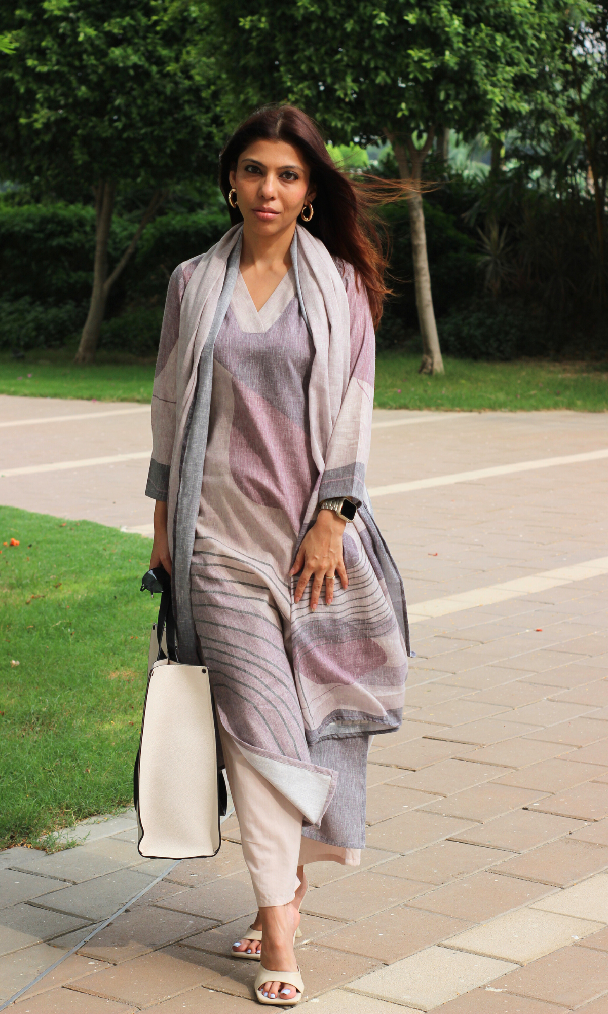 Linen Blend Purple Basil Abstract Print Kurta , Dupatta with Cotton Pants