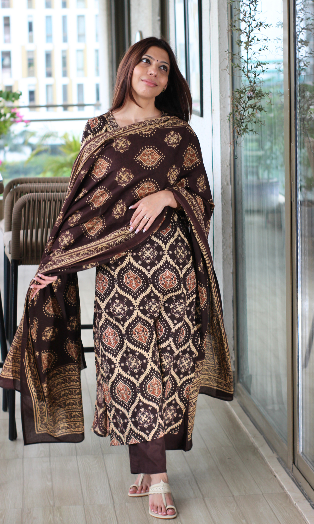 Mocha Royale Ajrakh Print Cotton Kurta, Dupatta & Plain Pants