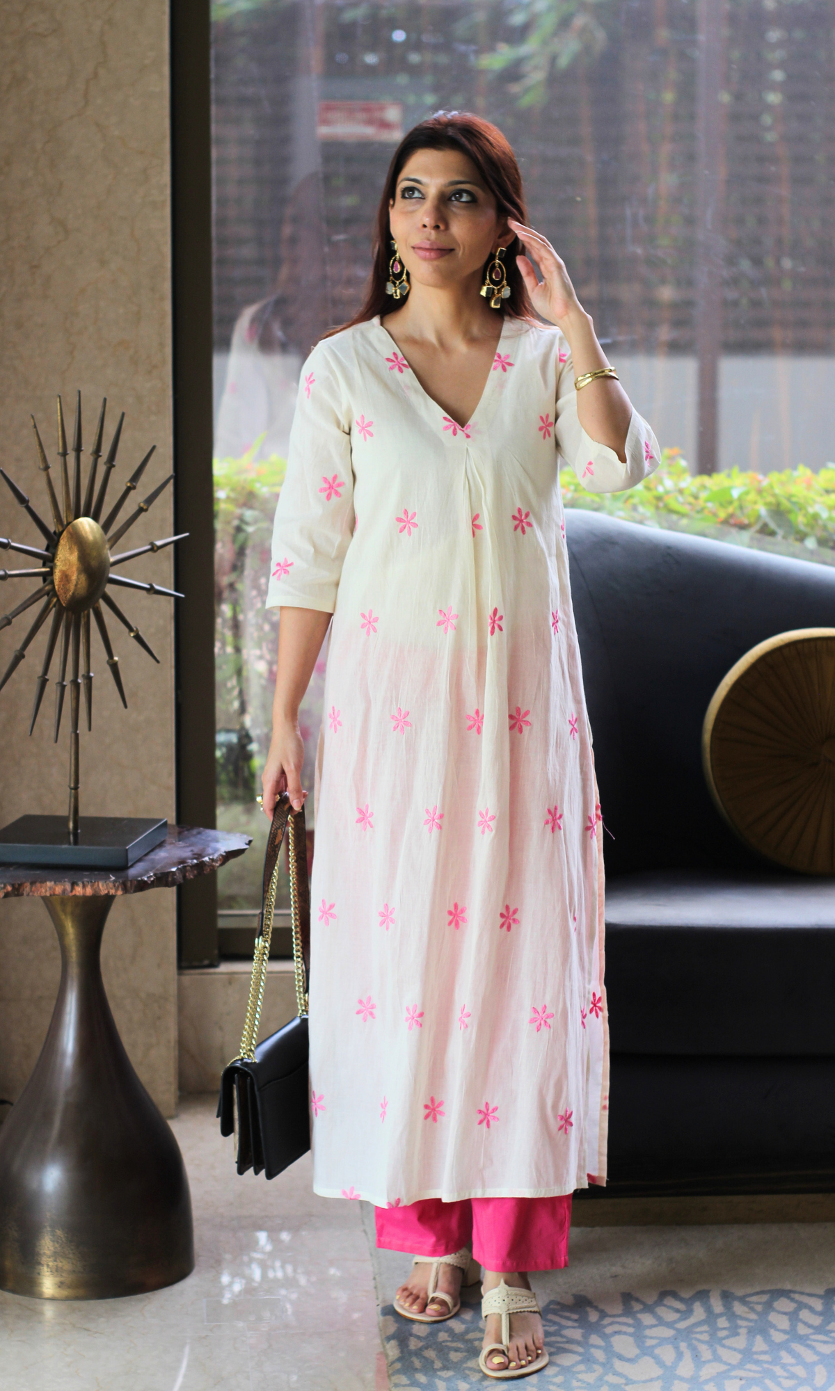 Kora Pink Flowers Embroidered Pleated Kurta & Pants