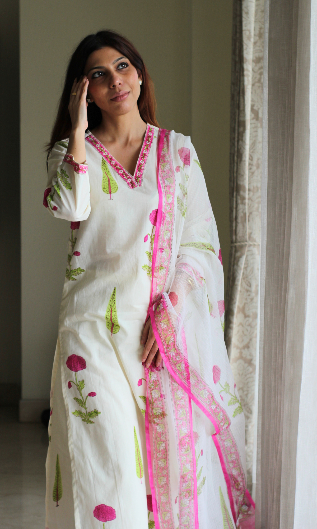 Ivory Gulbagh Handblock Print Cotton Kurta, Pant & Kota Doria Printed Dupatta