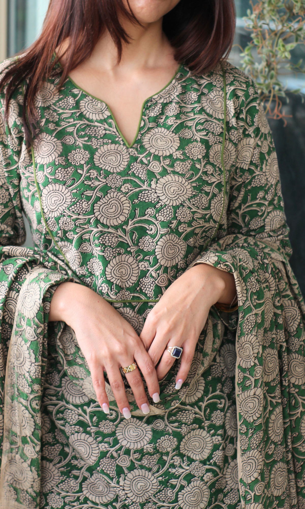 Cotton Emerald Green Handblock Kalamkari Print Kurta, Dupatta & Cotton Pants