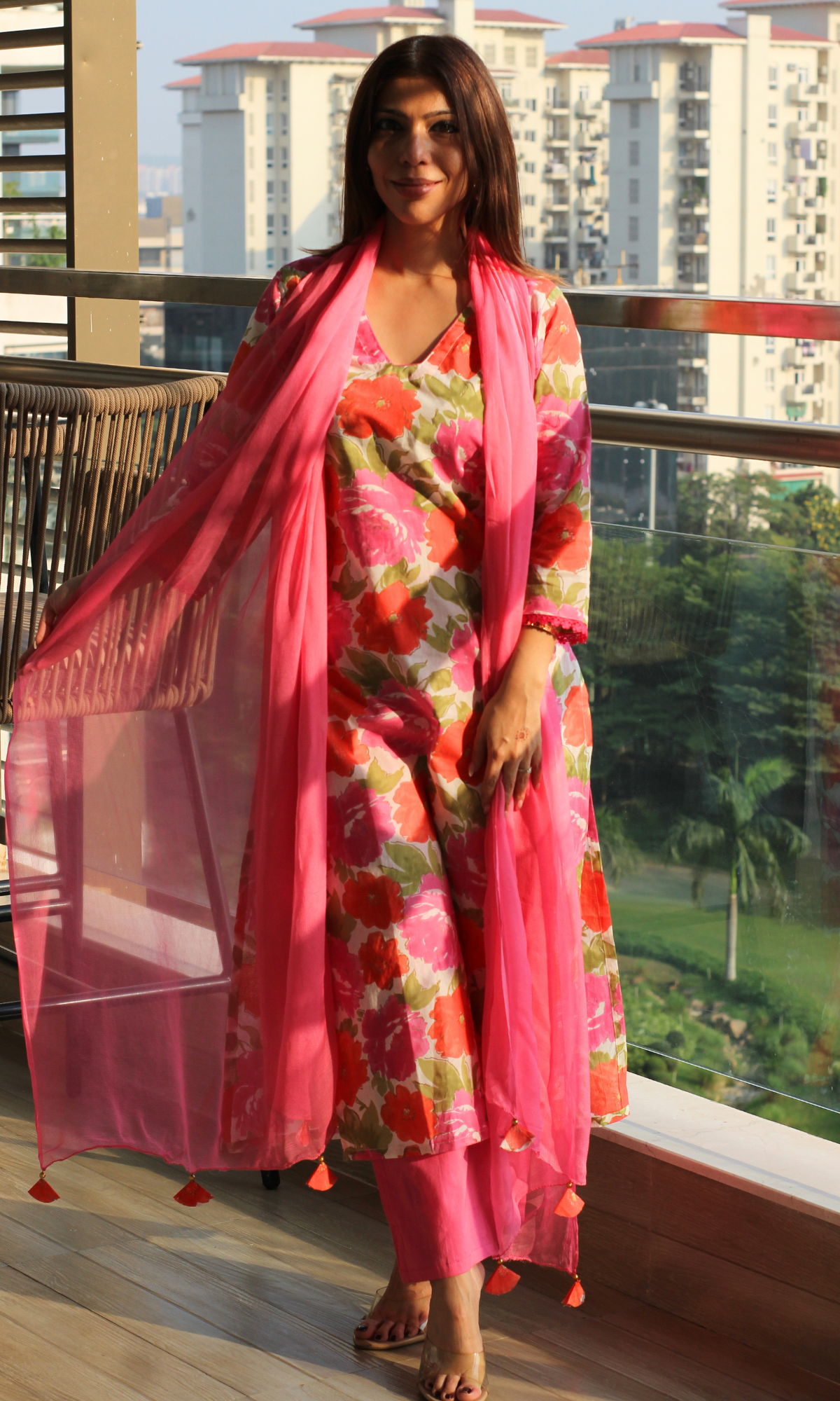 Pink Orchard Printed Kurta, Cotton Pants and Chiffon Dupatta with Tassels