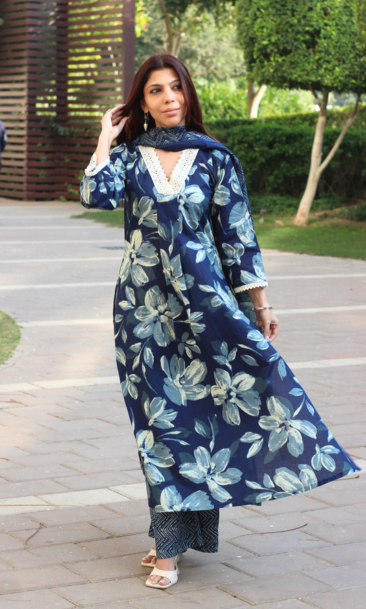 Cotton Dark Blue Floral A Line Suit with Lace Detailing & Palazzo with Dupatta