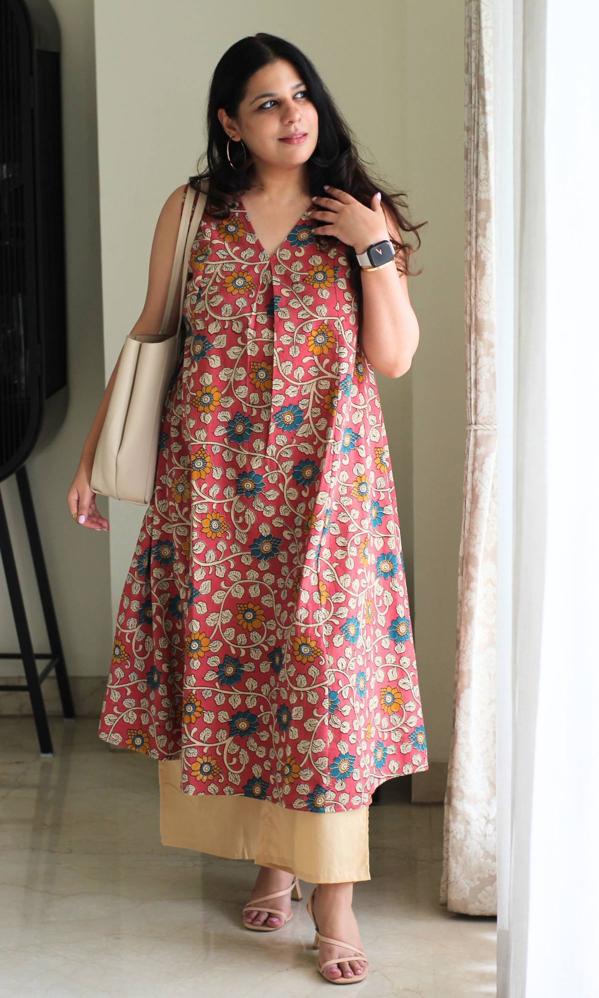 Earthy Red Handblock Kalamkari Pleated Kurta & Cotton Pants