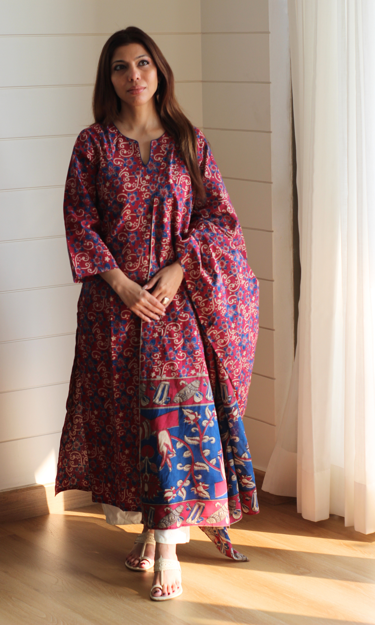 Cotton Samira Pink Handblock Kalamkari Kurta & Dupatta