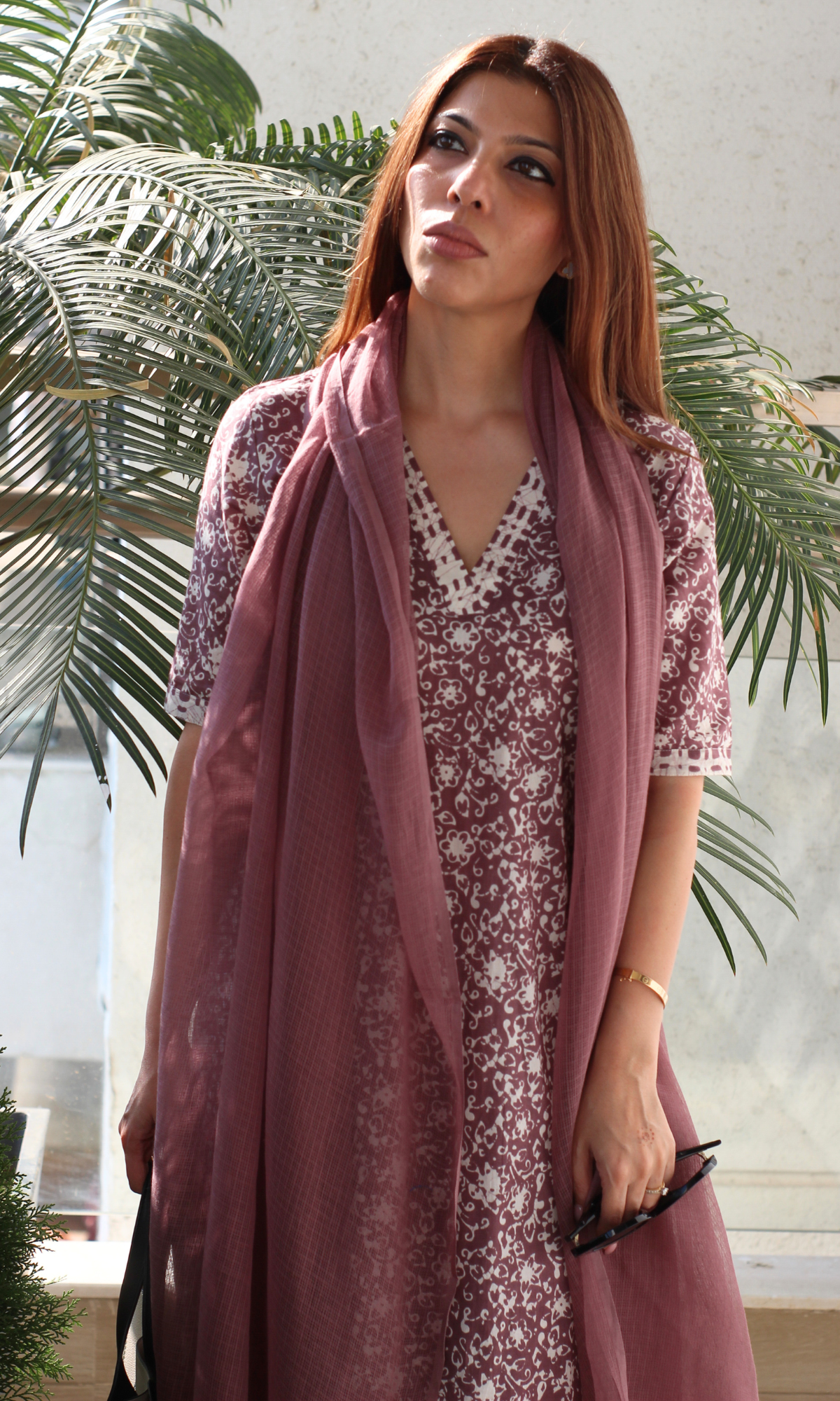 Cotton Dusty Mauve Dabu Print Kurta, Pant & Kota Dupatta