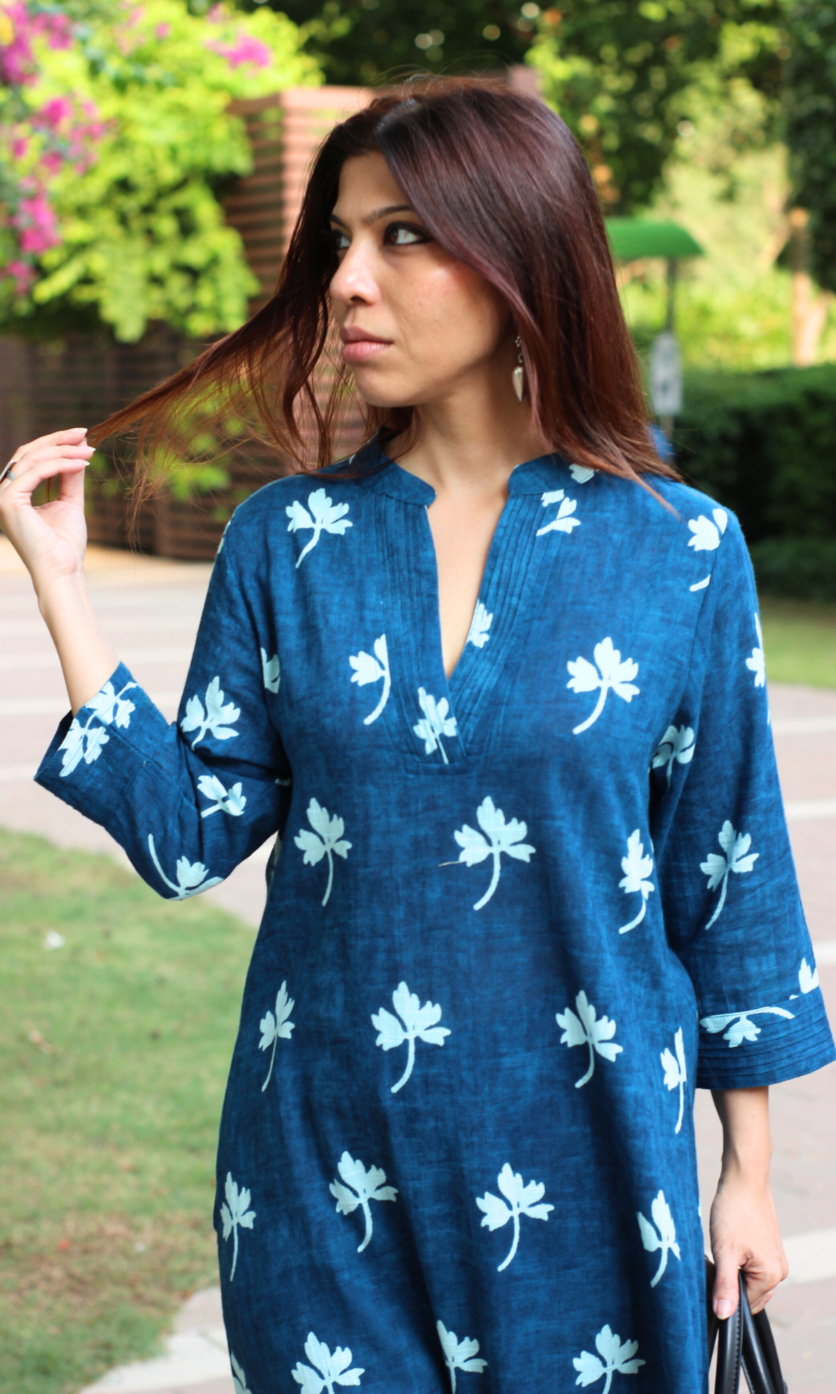 Indigo Maple Slub Mandarin V neck A line Kurta & Cotton Pants