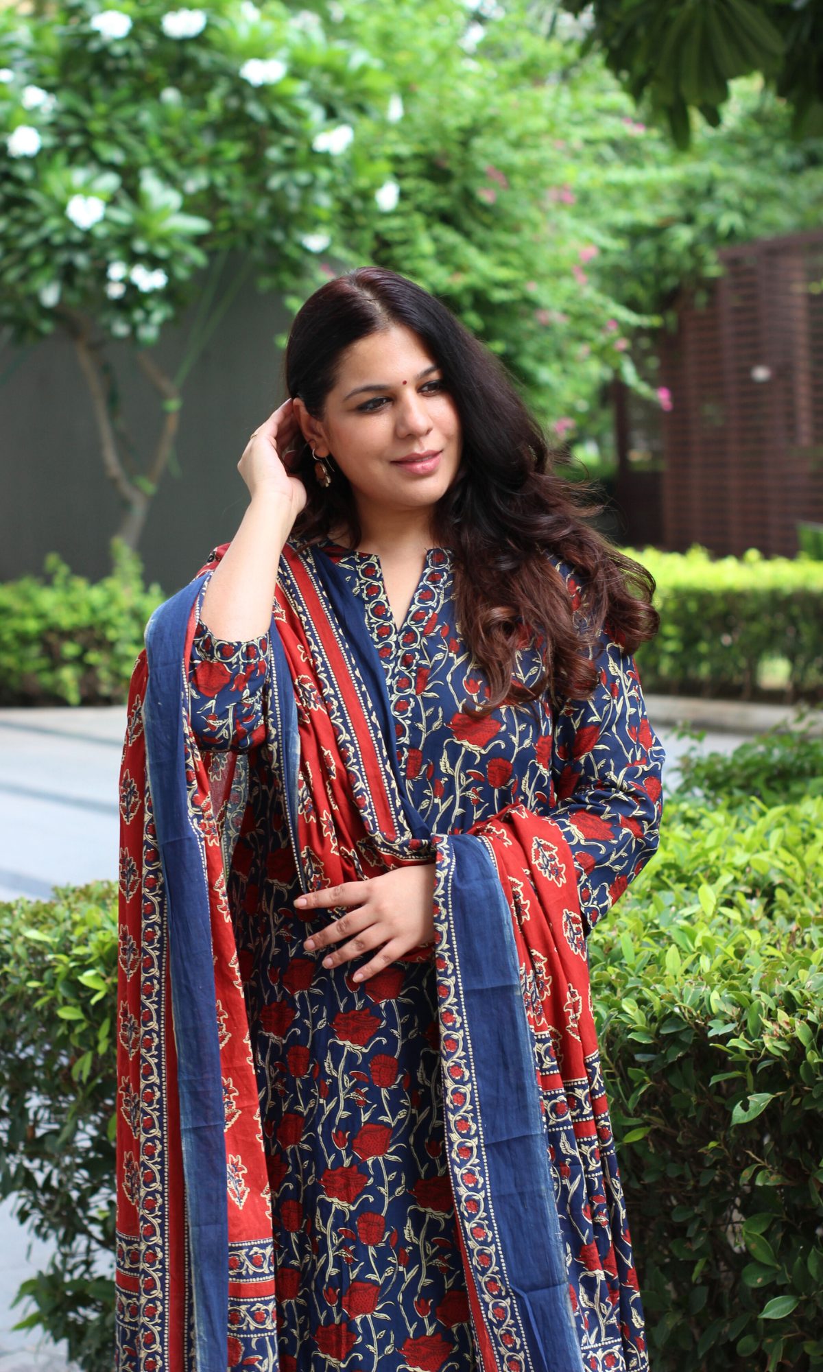 Cotton Blue Rose Ajrakh Print Kurta, Dupatta & Cotton Pants