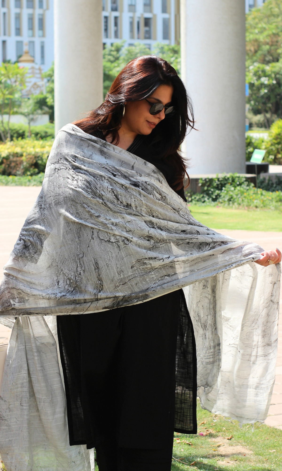 Cotton Slub Black Suit With Mist Marble Print Slub Dupatta