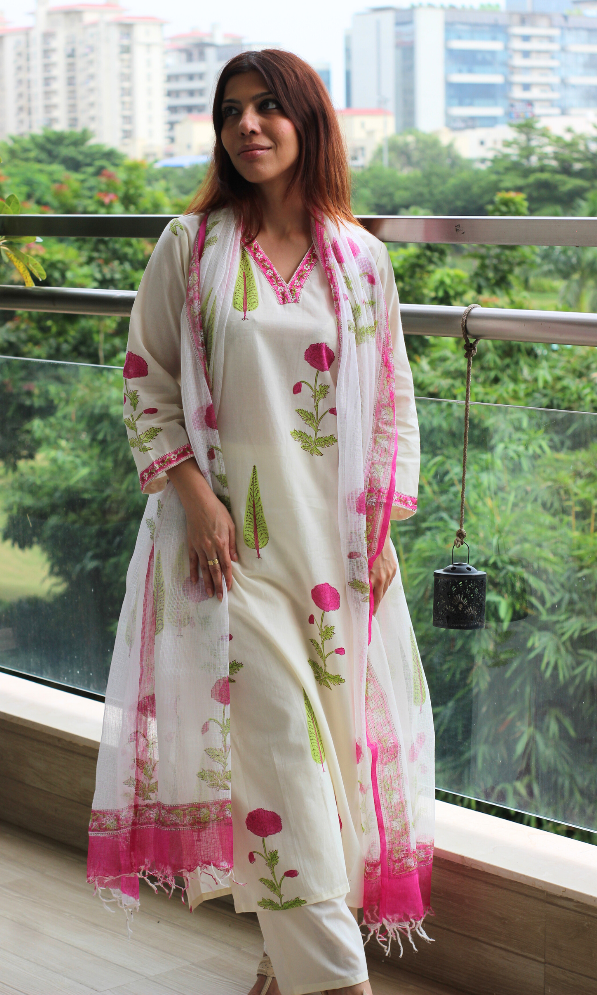 Ivory Gulbagh Handblock Print Cotton Kurta, Pant & Kota Doria Printed Dupatta