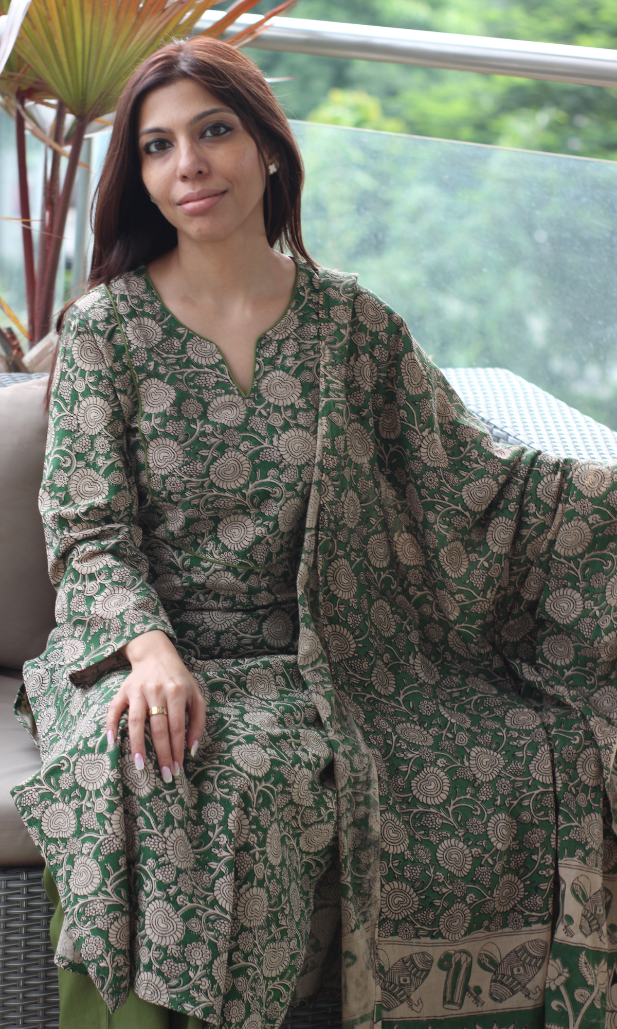 Cotton Emerald Green Handblock Kalamkari Print Kurta, Dupatta & Cotton Pants