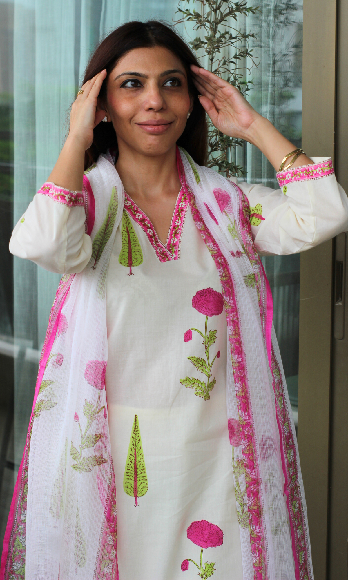 Ivory Gulbagh Handblock Print Cotton Kurta, Pant & Kota Doria Printed Dupatta