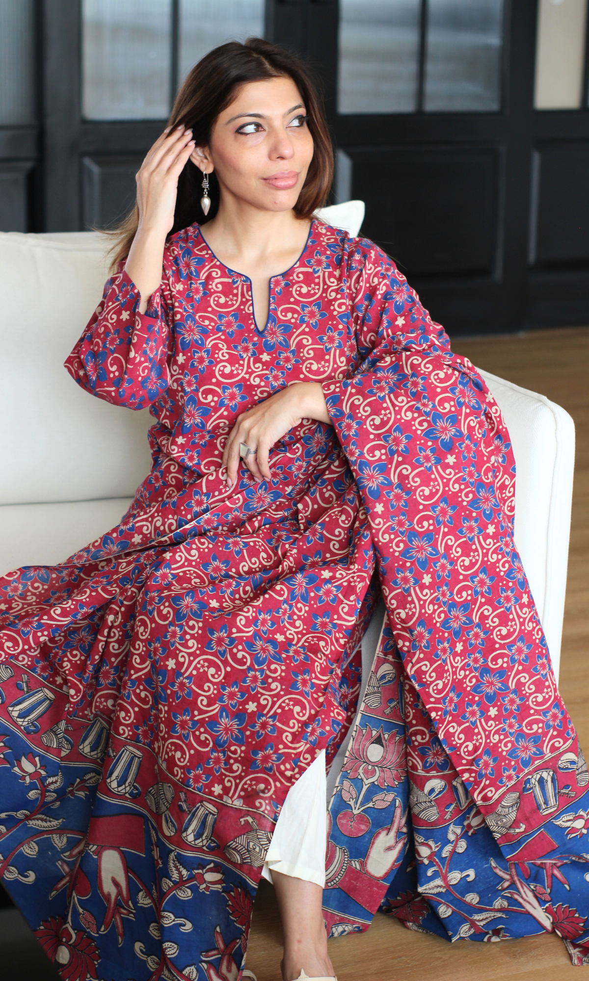 Cotton Samira Pink Handblock Kalamkari Kurta & Dupatta