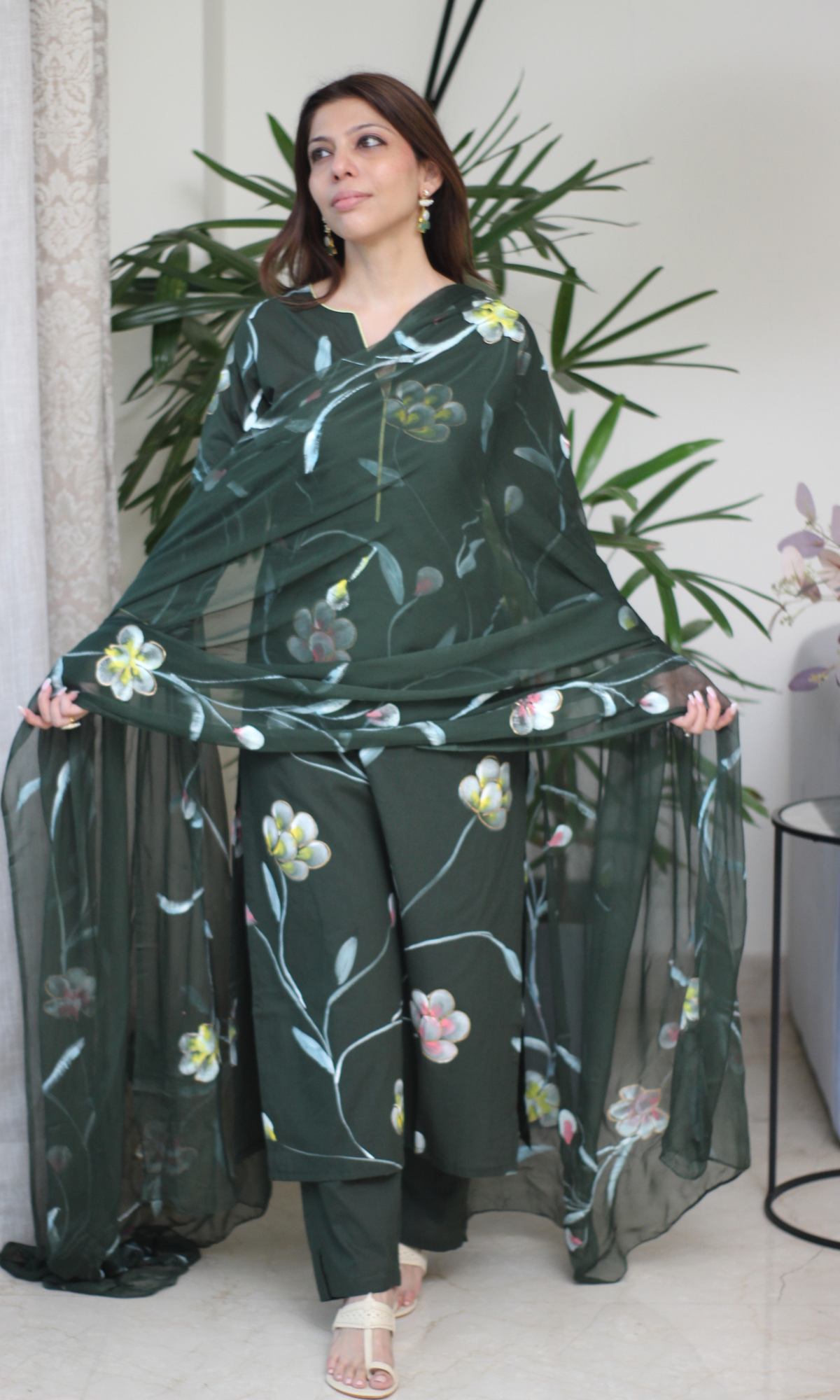 Deep Green & Yellow Hand Painted Kurta, Chiffon Dupatta & Cotton Pants