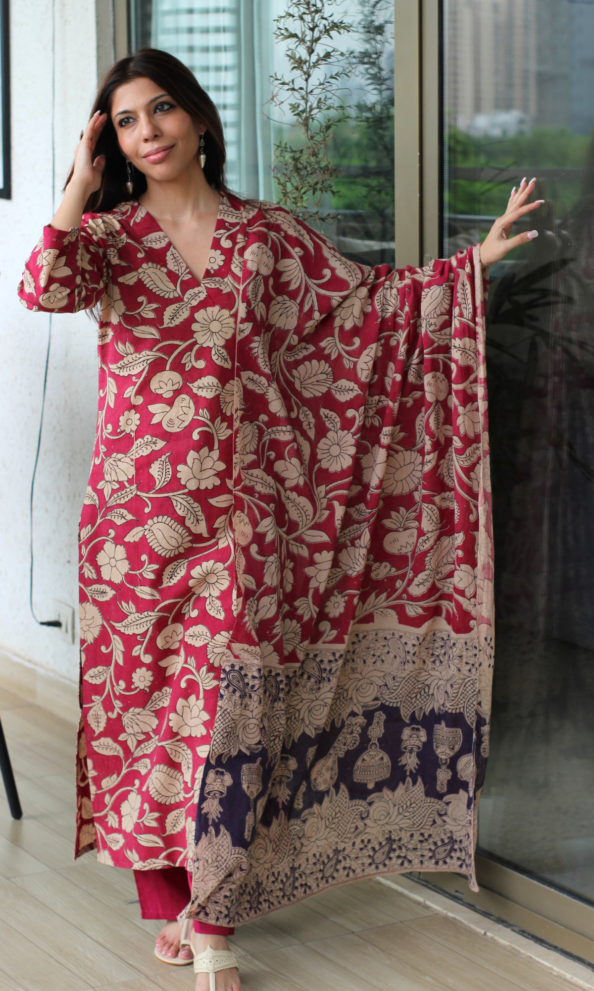 Rani Pink Hamdblock Kalamkari Cotton Kurta, Dupatta & Cotton Pants