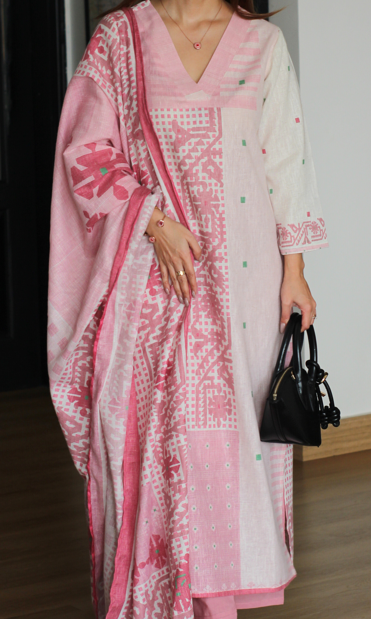 Linen Blend Rosa Sukoon Printed Kurta, Dupatta & Cotton Pants