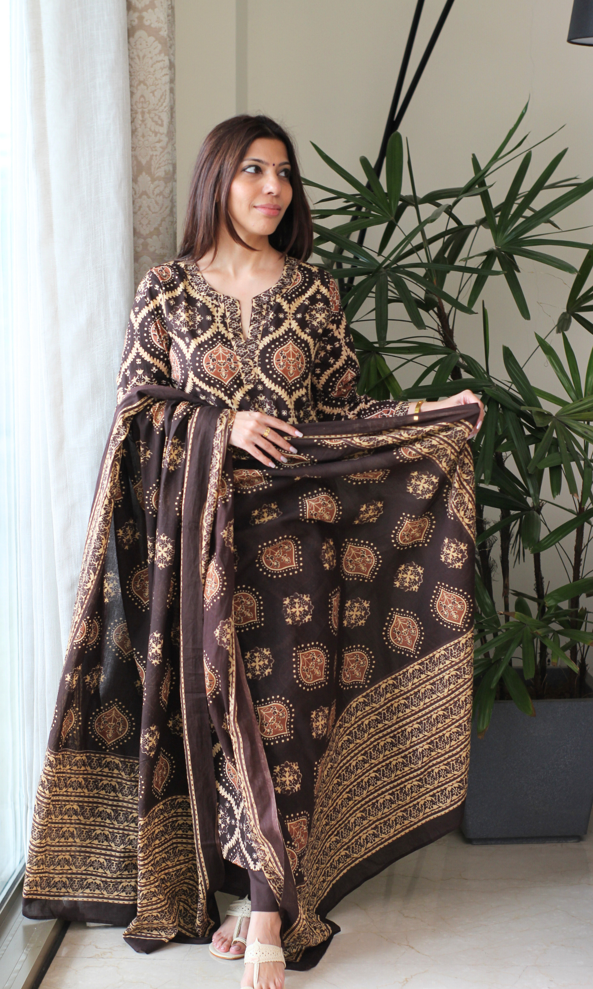 Mocha Royale Ajrakh Print Cotton Kurta, Dupatta & Plain Pants