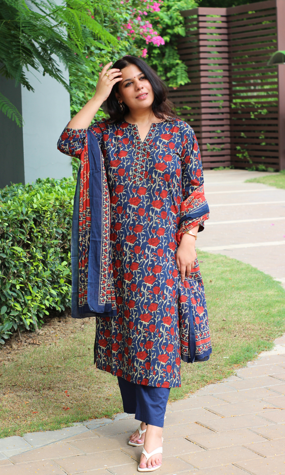 Cotton Blue Rose Ajrakh Print Kurta, Dupatta & Cotton Pants
