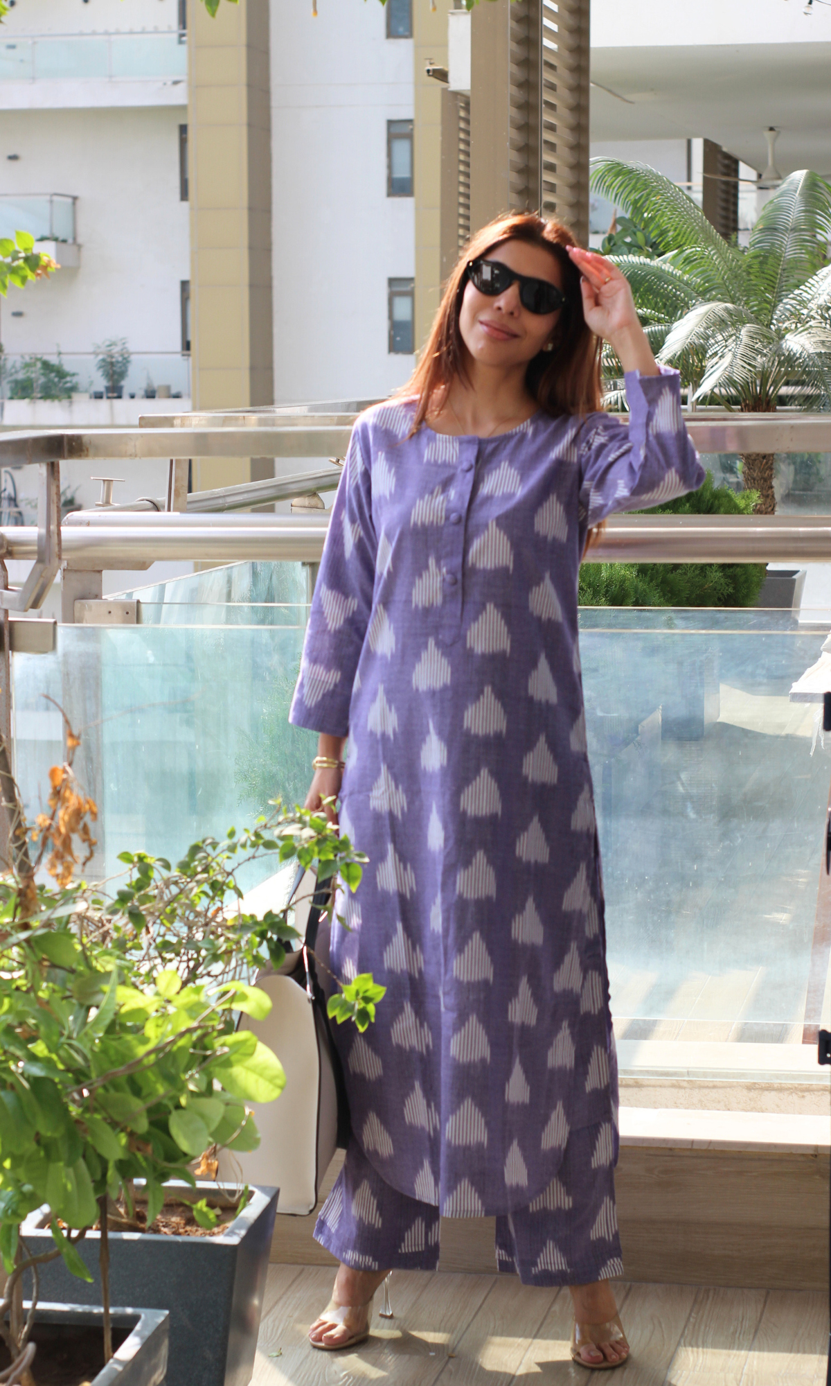 Lavender Haze Ikat Buttoned Kurta with Pintuck Pleated Pants